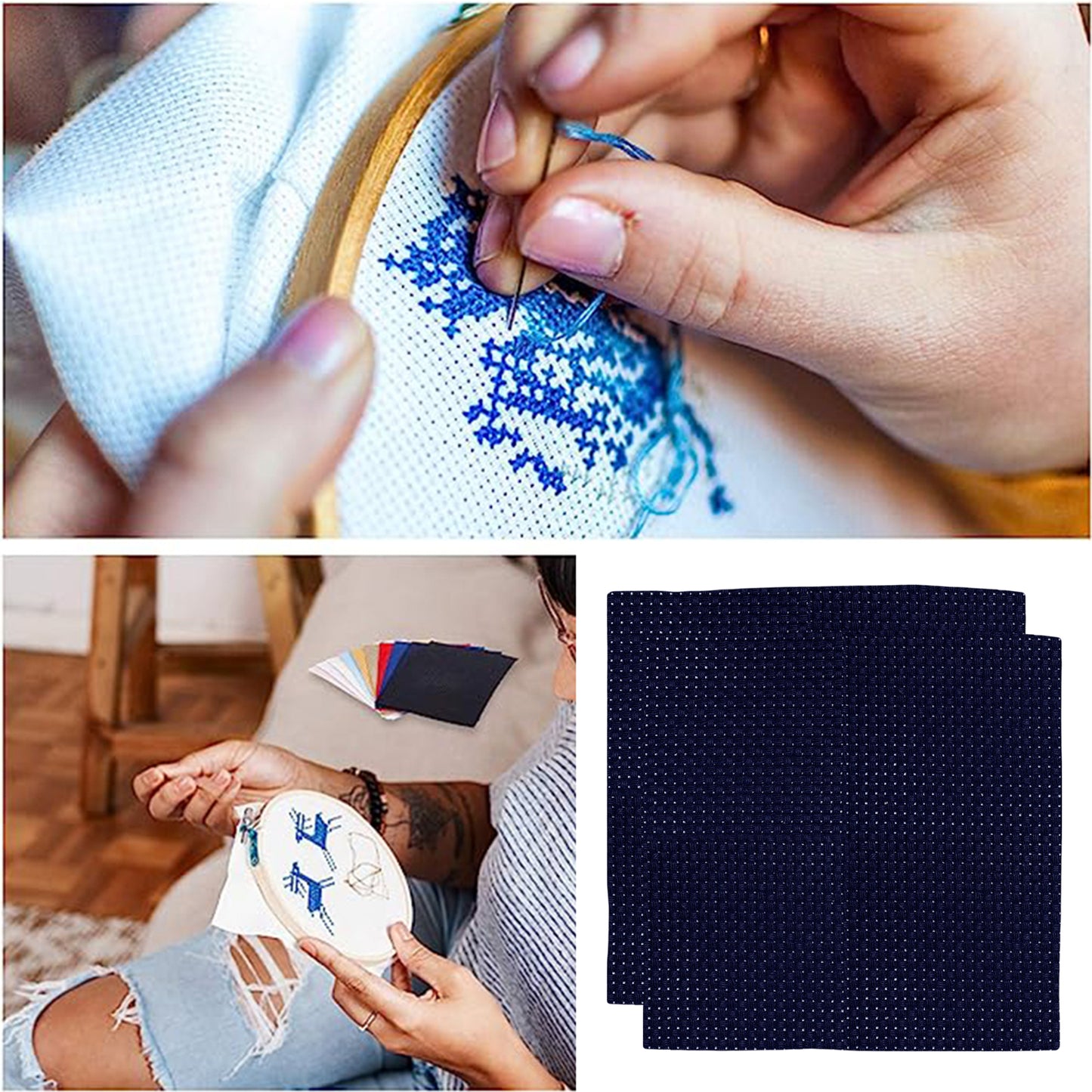 2PCS 11CT Cross Stitch Fabric 11.81x11.81 Inch Needlework Embroidery Fabric Embroidery Fabric Cloth for Garment Craft Needle-Embroidery DIY Decoration (Dark Blue)