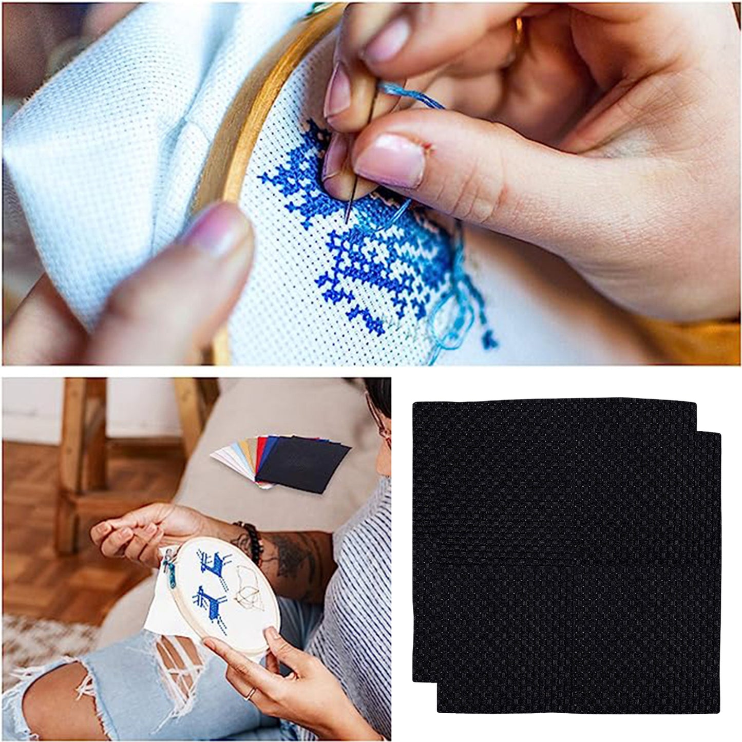 2PCS 11CT Cross Stitch Fabric 11.81x11.81 Inch Needlework Embroidery Fabric Embroidery Fabric Cloth for Garment Craft Needle-Embroidery DIY Decoration (Black)