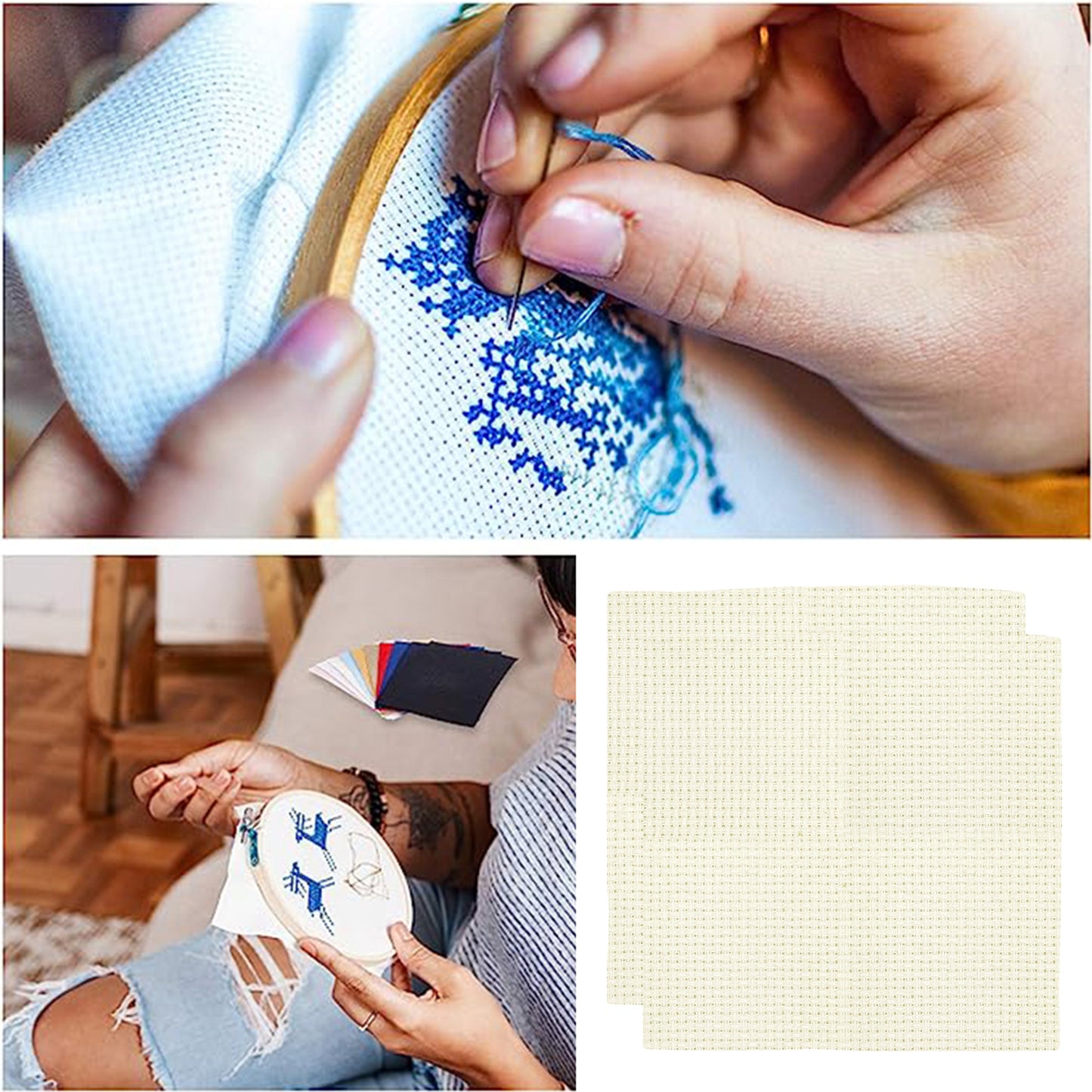 2PCS 14CT Cross Stitch Fabric 11.81x11.81 Inch Needlework Embroidery Fabric Embroidery Fabric Cloth for Garment Craft Needle-Embroidery DIY Decoration (Light Cream)