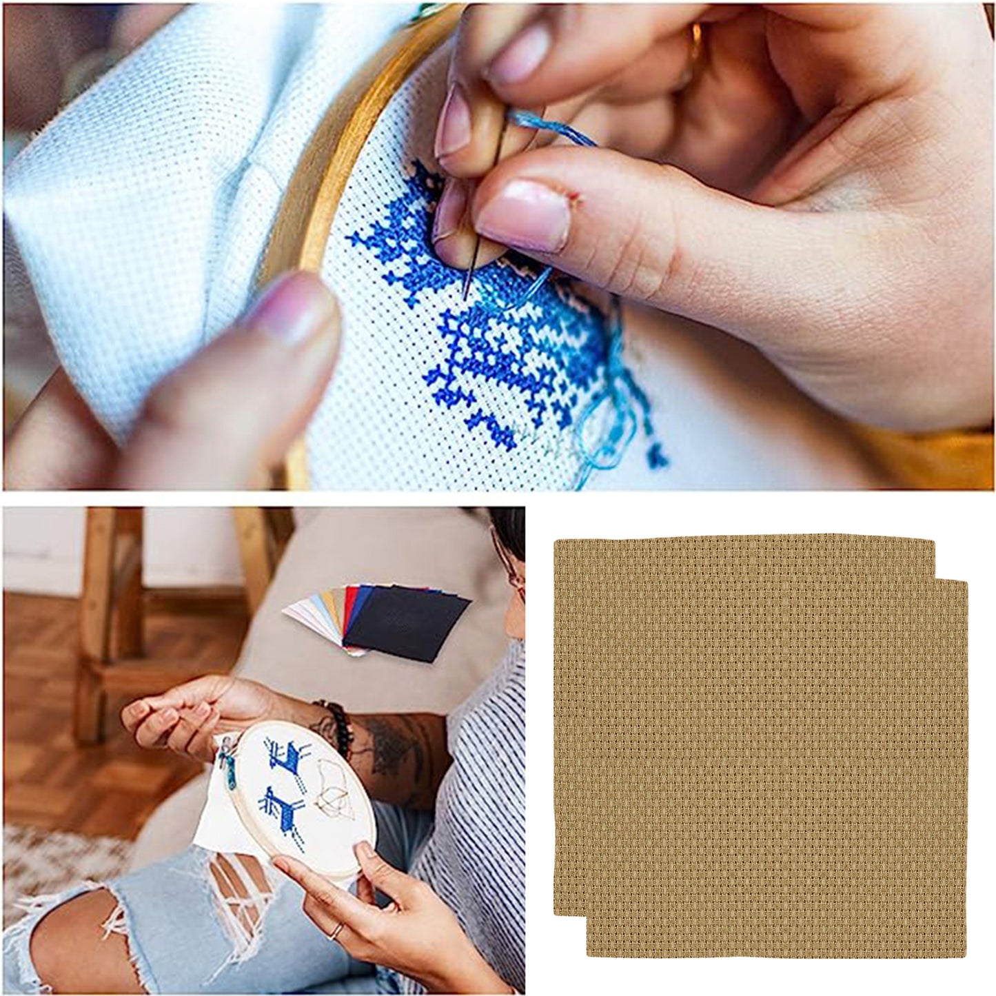 2PCS 14CT Cross Stitch Fabric 11.81x11.81 Inch Needlework Embroidery Fabric Embroidery Fabric Cloth for Garment Craft Needle-Embroidery DIY Decoration (Beige)