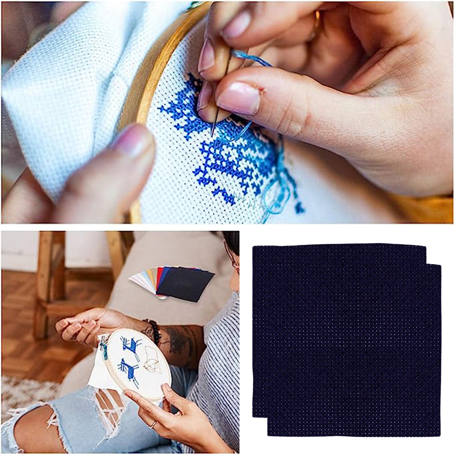 2PCS 14CT Cross Stitch Fabric 11.81x11.81 Inch Needlework Embroidery Fabric Embroidery Fabric Cloth for Garment Craft Needle-Embroidery DIY Decoration (Dark Blue)