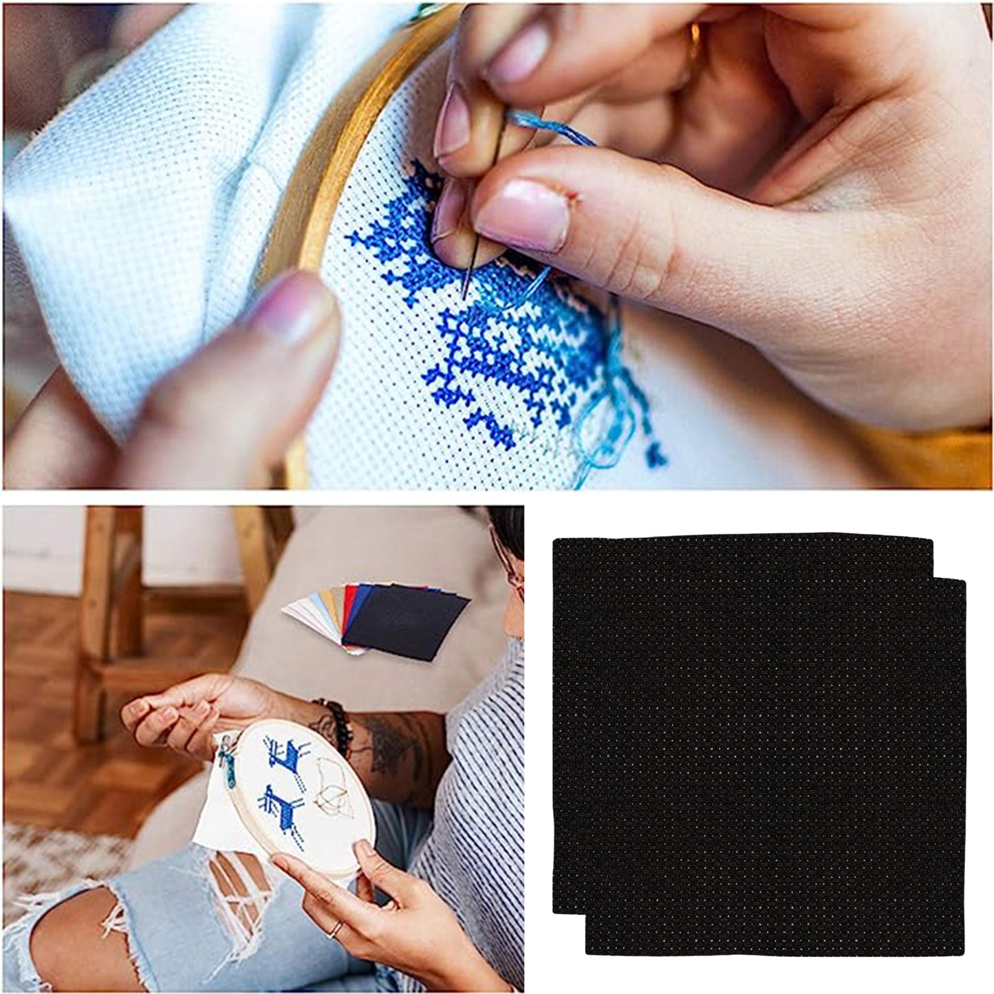 2PCS 14CT Cross Stitch Fabric 11.81x11.81 Inch Needlework Embroidery Fabric Embroidery Fabric Cloth for Garment Craft Needle-Embroidery DIY Decoration (Black)