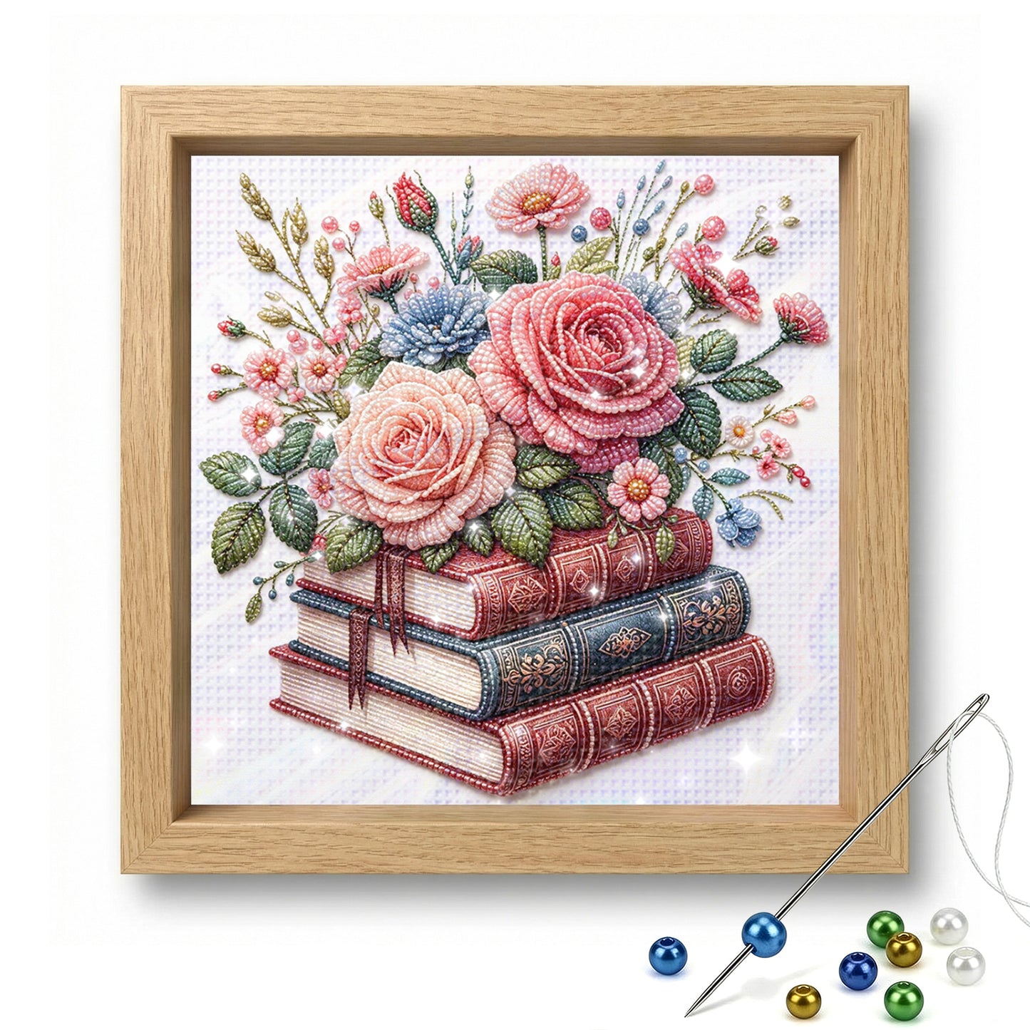 Floral Book Stack - Partial 11CT Stamped Cross Stitch - Bead Embroidery 36x36CM/14.17x14.17in
