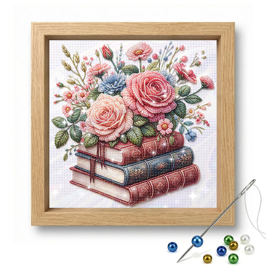 Floral Book Stack - Partial 11CT Stamped Cross Stitch - Bead Embroidery 36x36CM/14.17x14.17in