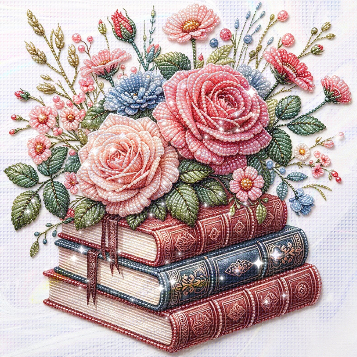 Floral Book Stack - Partial 11CT Stamped Cross Stitch - Bead Embroidery 36x36CM/14.17x14.17in