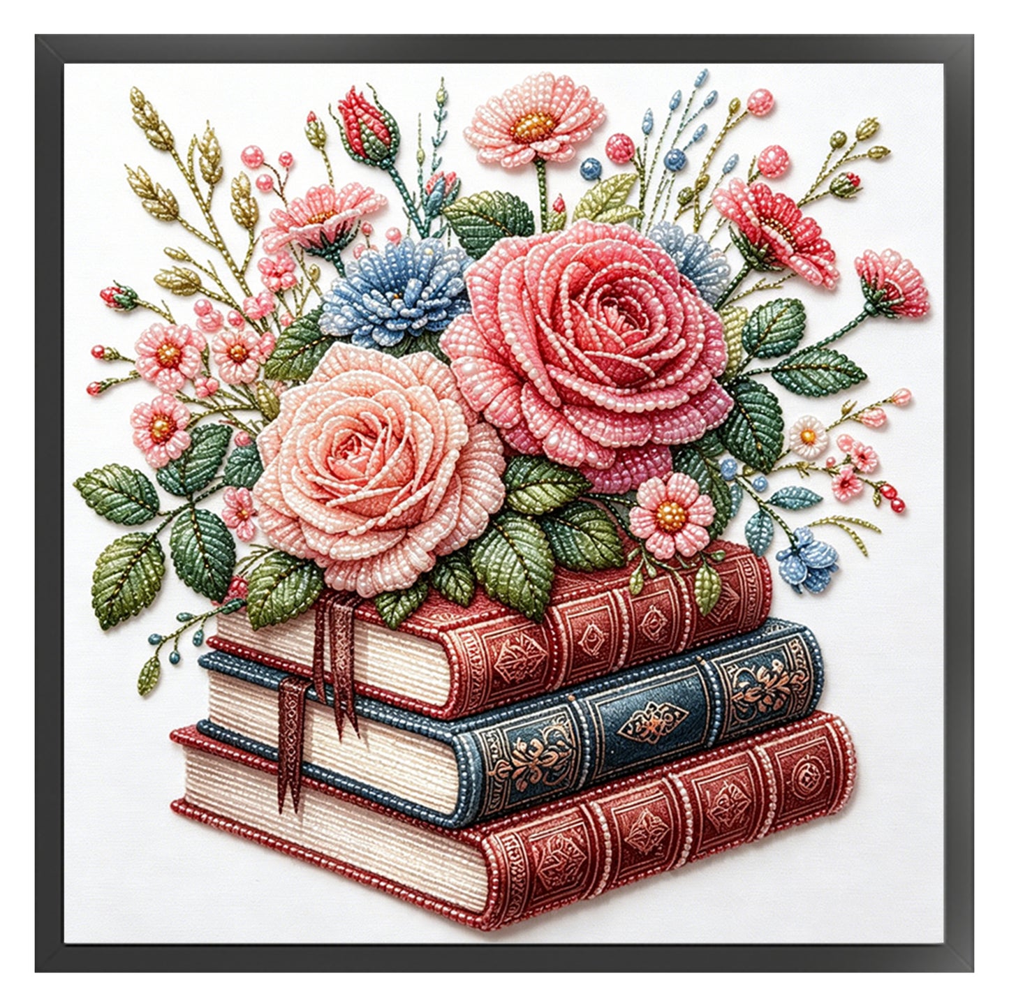 Floral Book Stack - Partial 11CT Stamped Cross Stitch - Bead Embroidery 36x36CM/14.17x14.17in