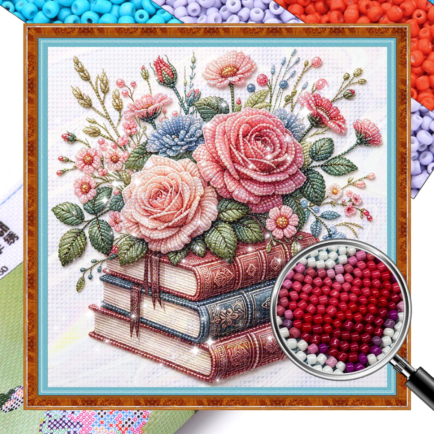 Floral Book Stack - Partial 11CT Stamped Cross Stitch - Bead Embroidery 36x36CM/14.17x14.17in