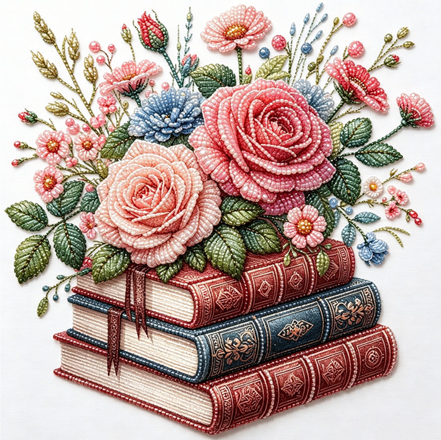 Floral Book Stack - Partial 11CT Stamped Cross Stitch - Bead Embroidery 36x36CM/14.17x14.17in