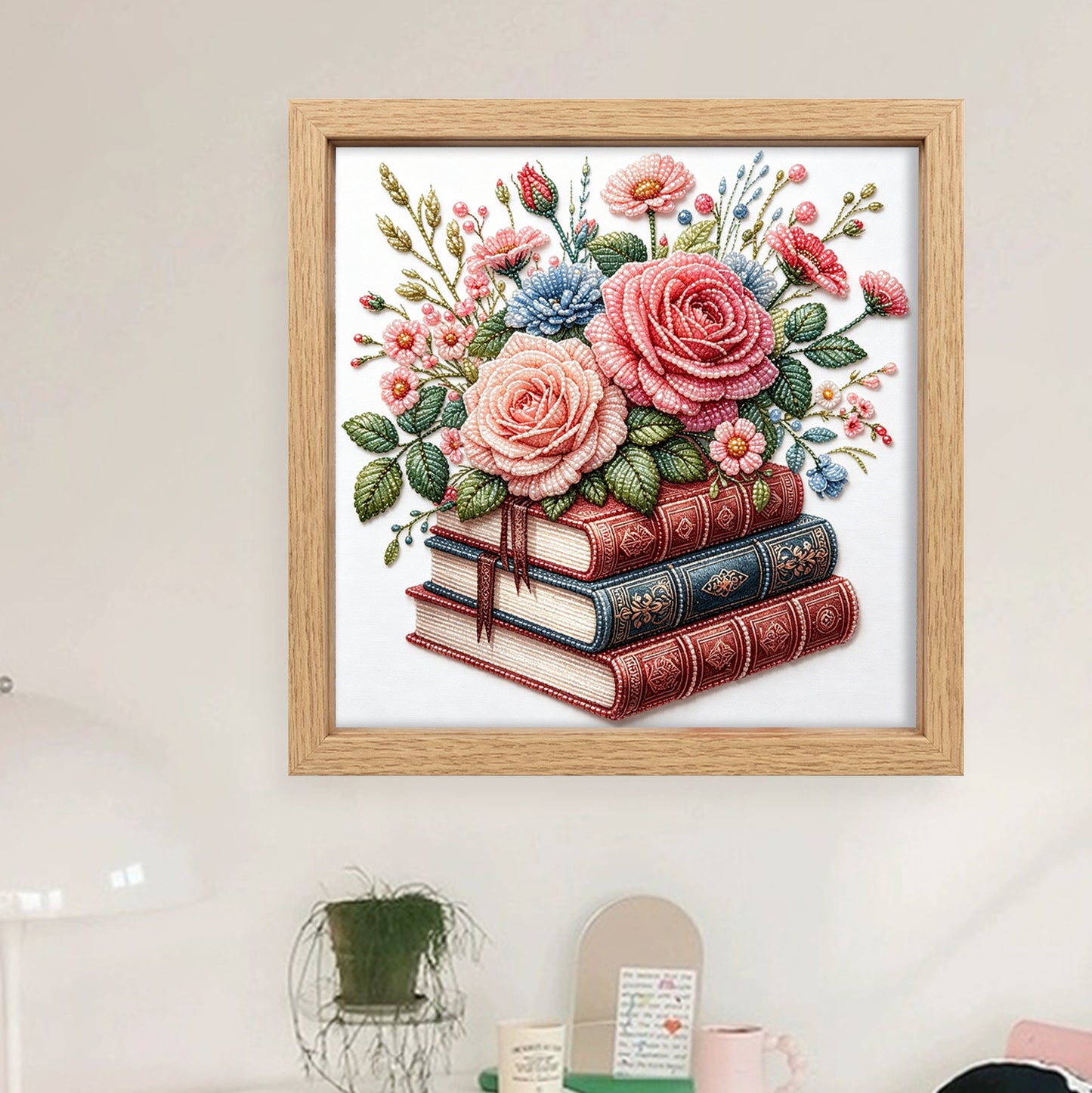 Floral Book Stack - Partial 11CT Stamped Cross Stitch - Bead Embroidery 36x36CM/14.17x14.17in