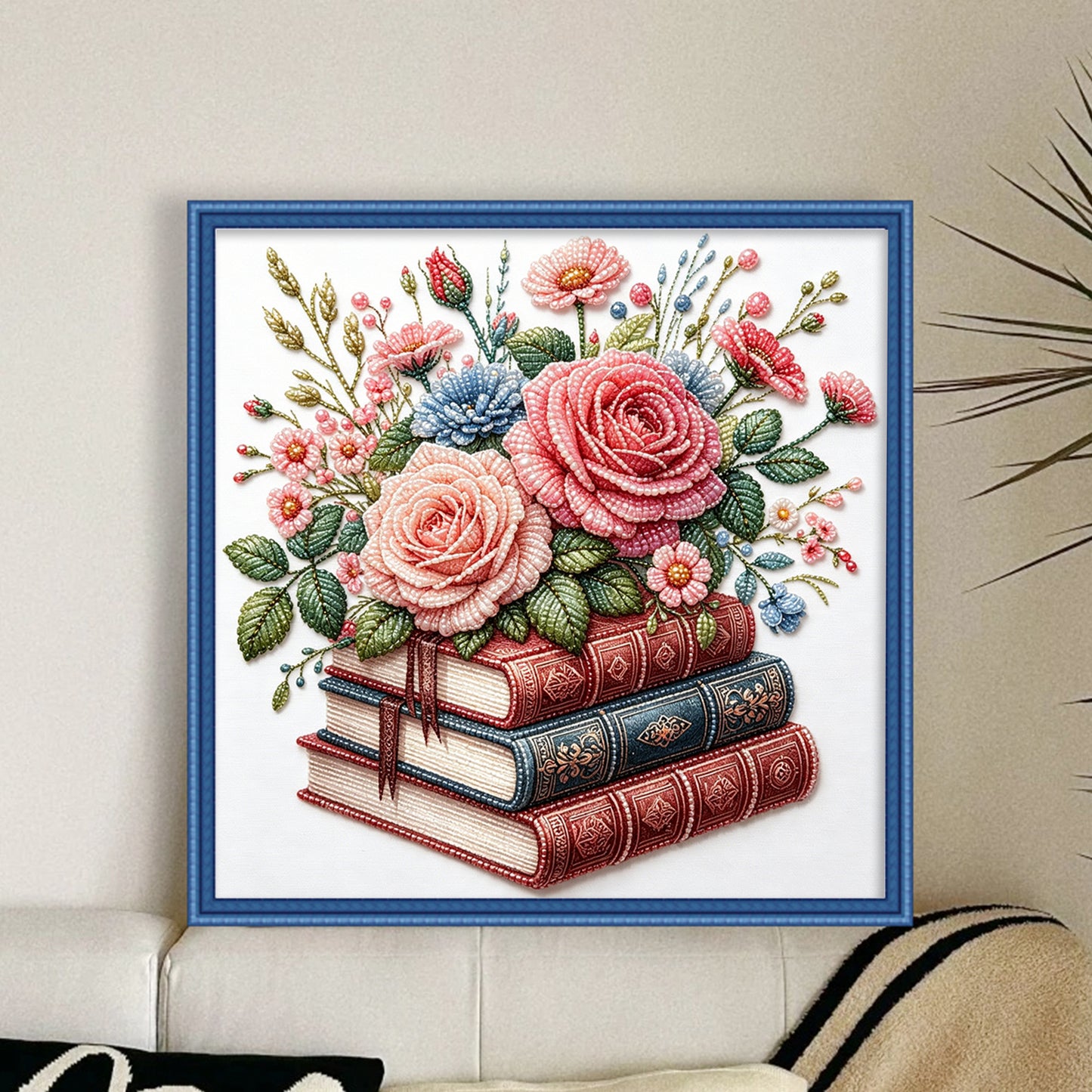 Floral Book Stack - Partial 11CT Stamped Cross Stitch - Bead Embroidery 36x36CM/14.17x14.17in
