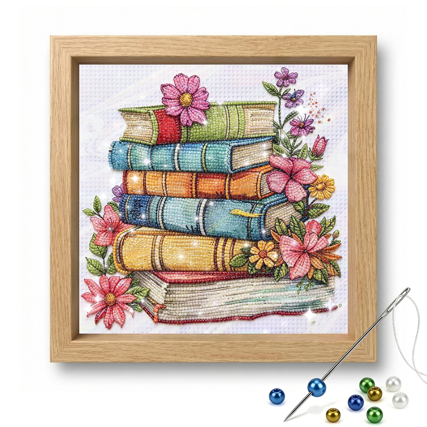 Vintage Book Bouquet - Partial 11CT Stamped Cross Stitch - Bead Embroidery 36x36CM/14.17x14.17in