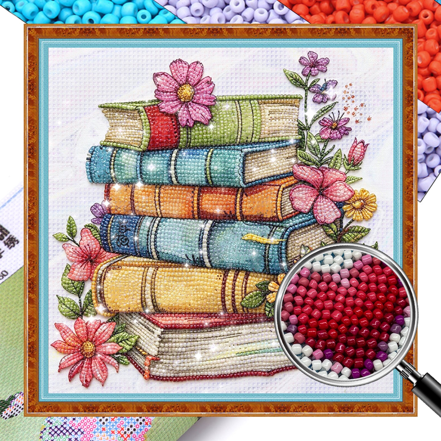 Vintage Book Bouquet - Partial 11CT Stamped Cross Stitch - Bead Embroidery 36x36CM/14.17x14.17in