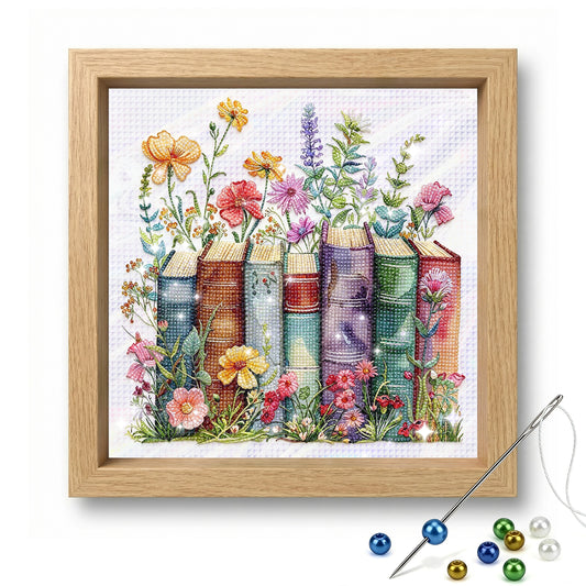 Books Wildflowers - Partial 11CT Stamped Cross Stitch - Bead Embroidery 36x36CM/14.17x14.17in