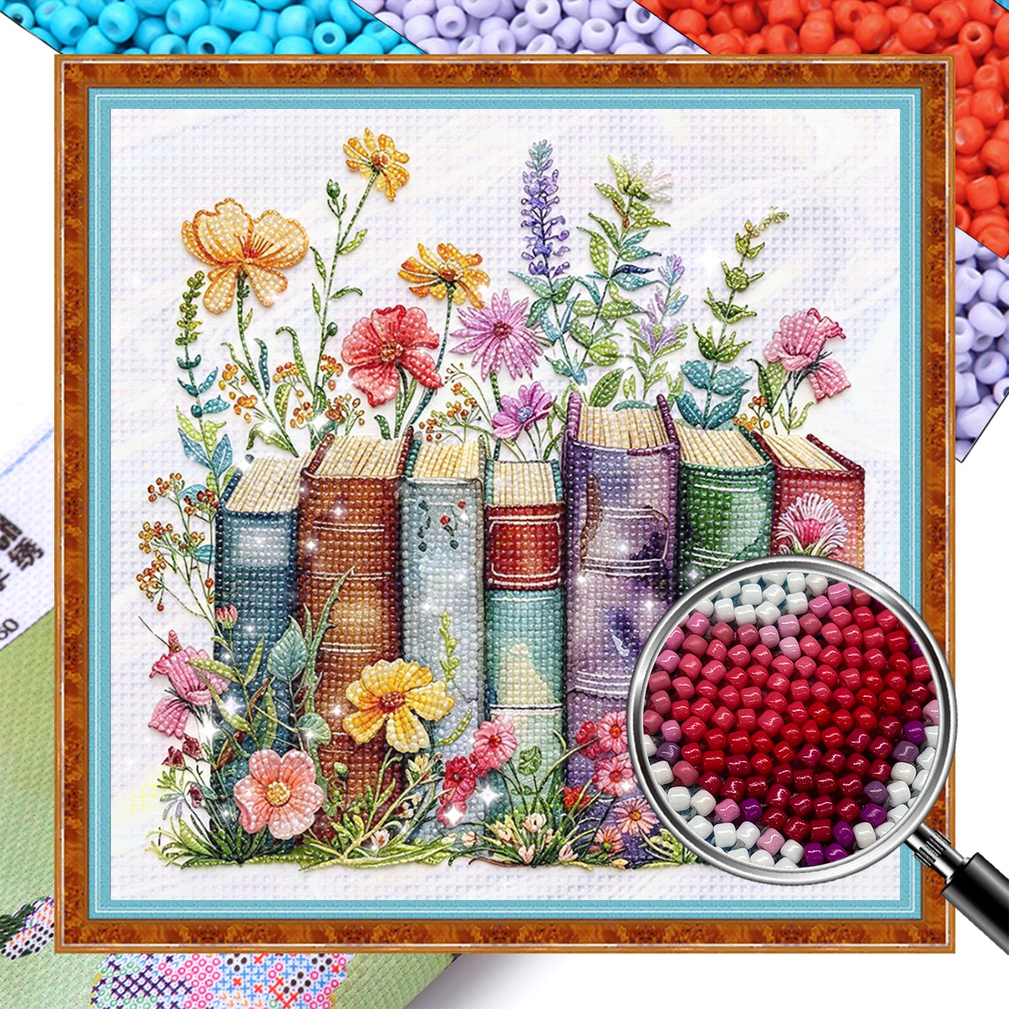 Books Wildflowers - Partial 11CT Stamped Cross Stitch - Bead Embroidery 36x36CM/14.17x14.17in