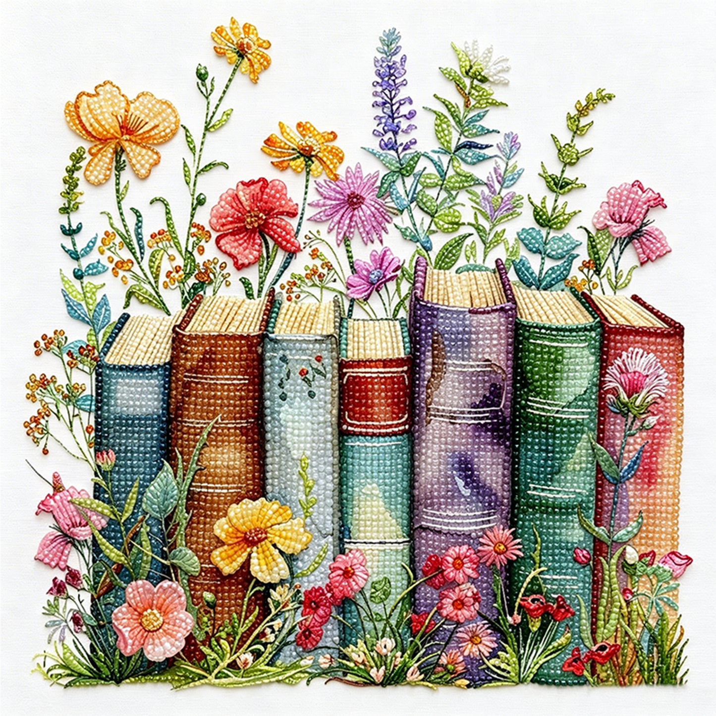 Books Wildflowers - Partial 11CT Stamped Cross Stitch - Bead Embroidery 36x36CM/14.17x14.17in