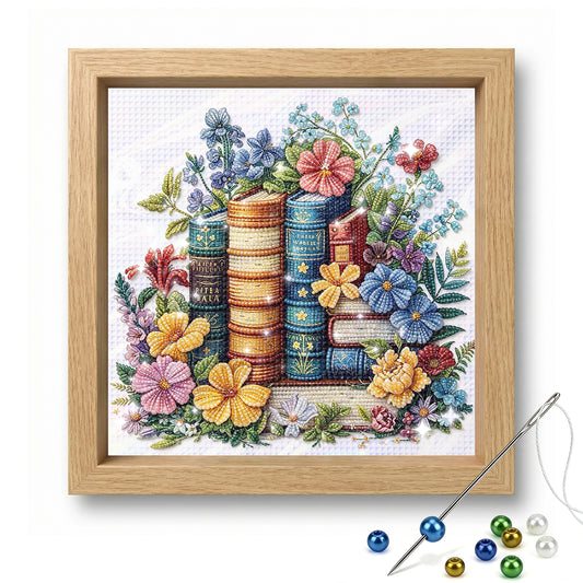 Whimsical Book Garden - Partial 11CT Stamped Cross Stitch - Bead Embroidery 36x36CM/14.17x14.17in