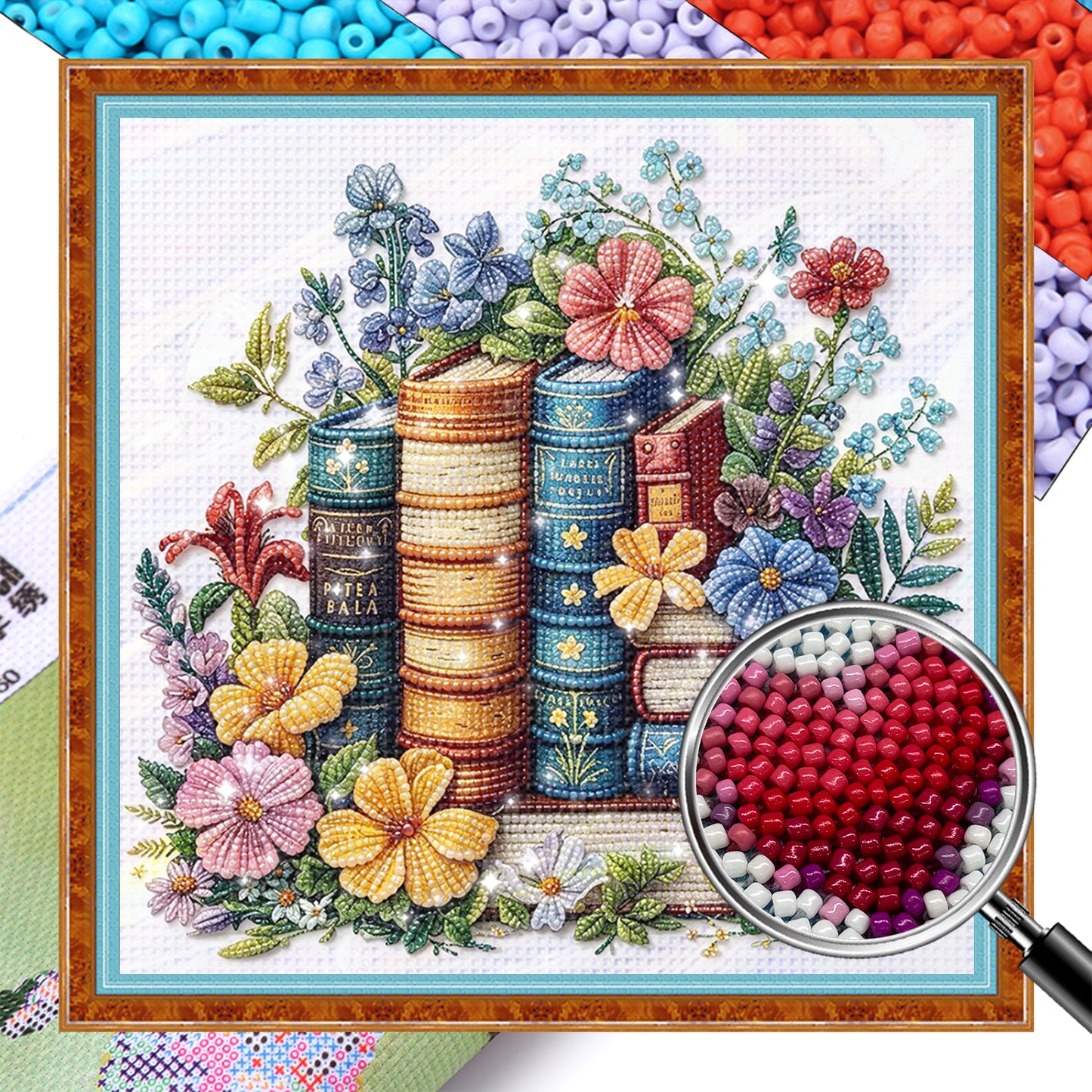 Whimsical Book Garden - Partial 11CT Stamped Cross Stitch - Bead Embroidery 36x36CM/14.17x14.17in