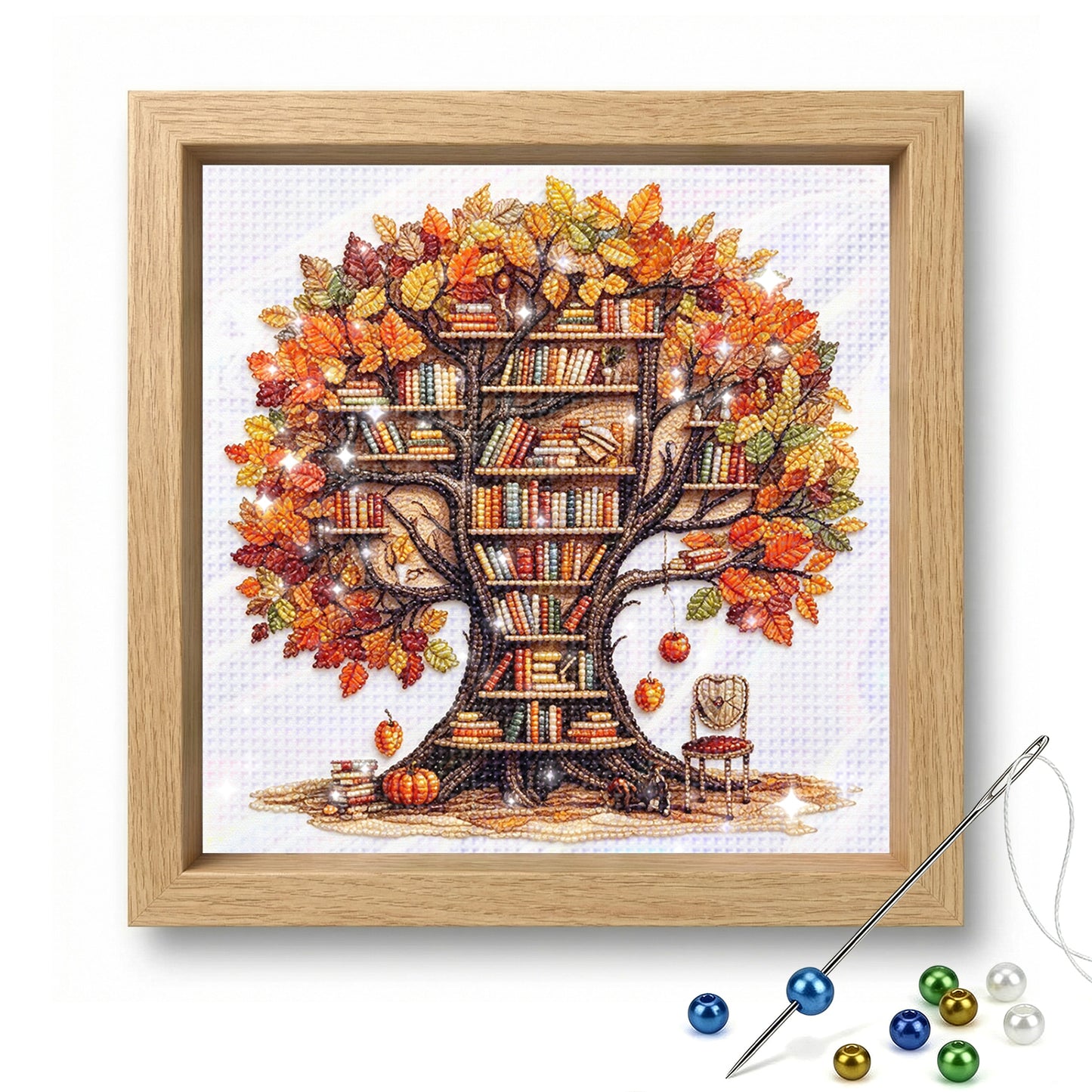 Autumn Library Tree - Partial 11CT Stamped Cross Stitch - Bead Embroidery 36x36CM/14.17x14.17in