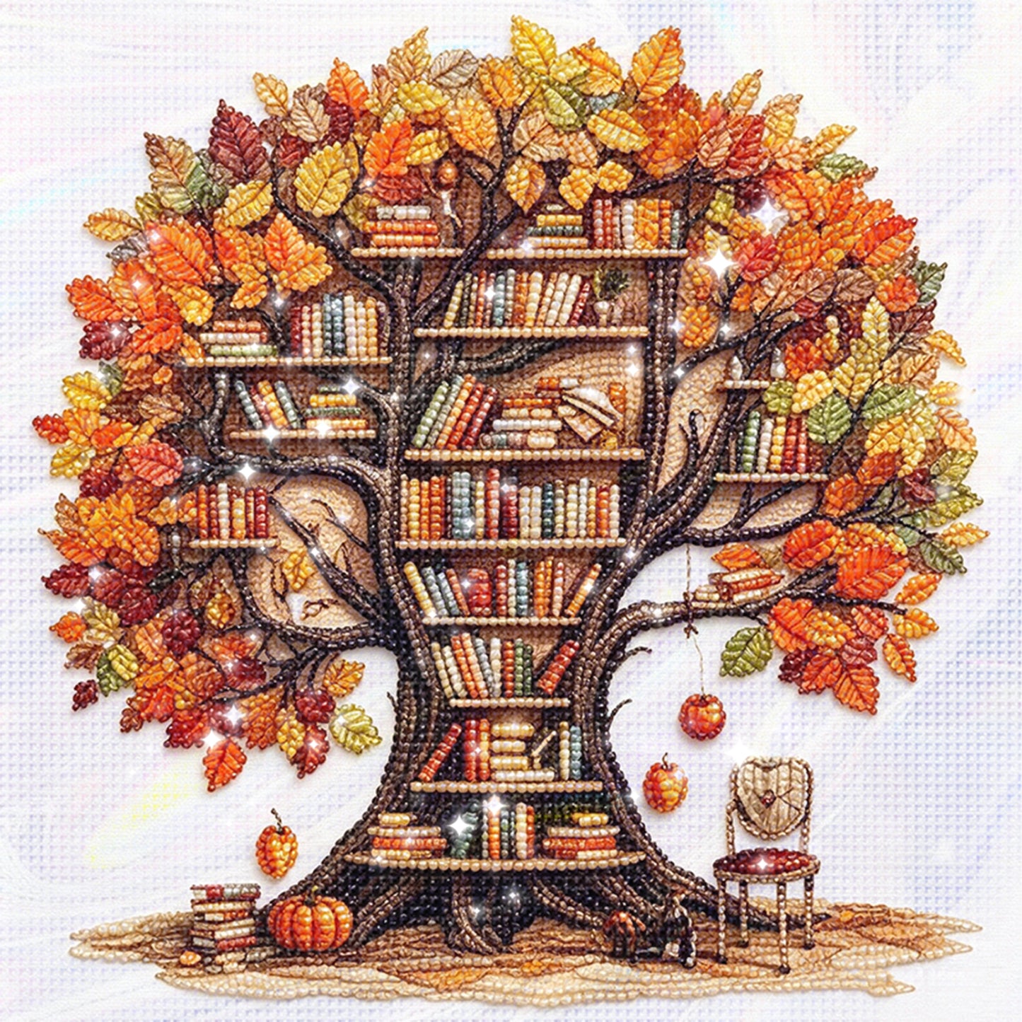 Autumn Library Tree - Partial 11CT Stamped Cross Stitch - Bead Embroidery 36x36CM/14.17x14.17in