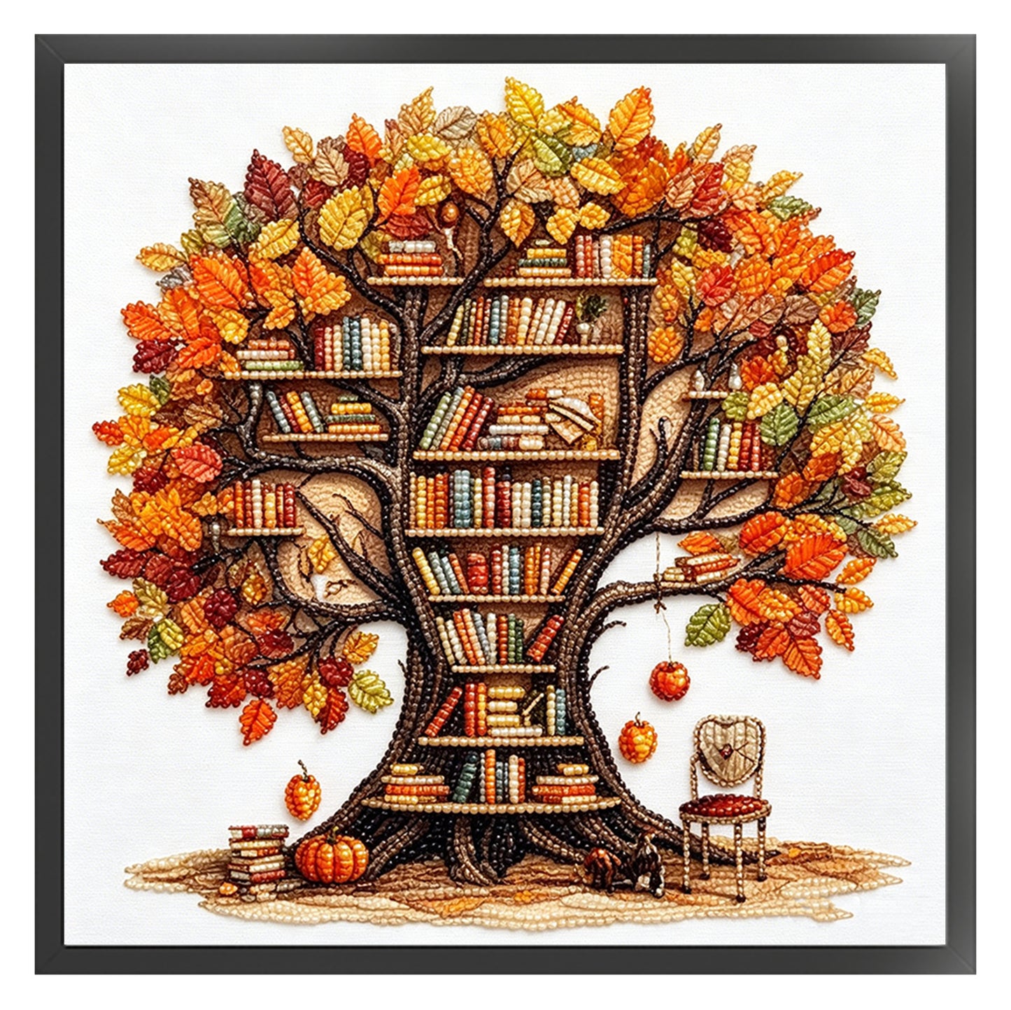 Autumn Library Tree - Partial 11CT Stamped Cross Stitch - Bead Embroidery 36x36CM/14.17x14.17in
