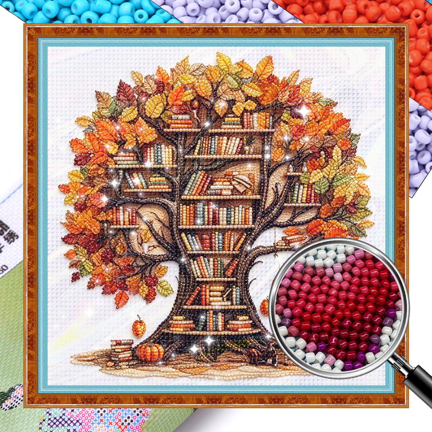 Autumn Library Tree - Partial 11CT Stamped Cross Stitch - Bead Embroidery 36x36CM/14.17x14.17in