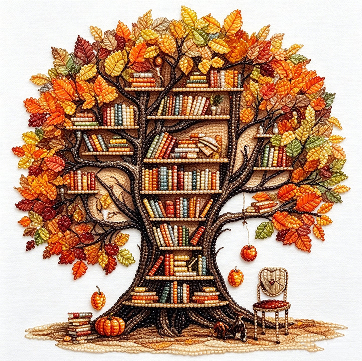 Autumn Library Tree - Partial 11CT Stamped Cross Stitch - Bead Embroidery 36x36CM/14.17x14.17in
