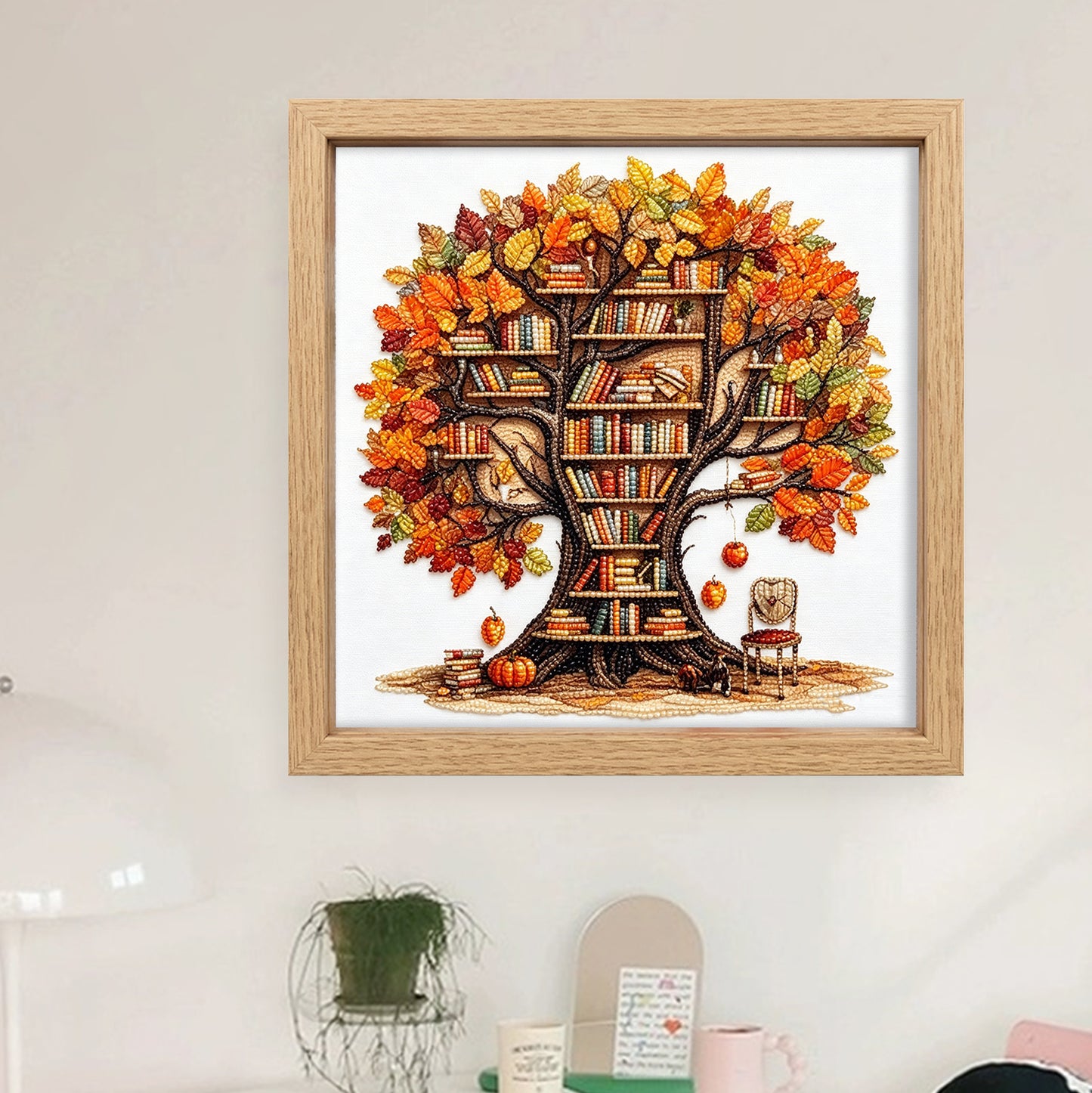 Autumn Library Tree - Partial 11CT Stamped Cross Stitch - Bead Embroidery 36x36CM/14.17x14.17in
