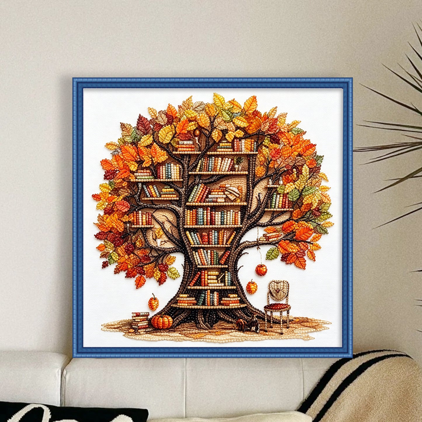 Autumn Library Tree - Partial 11CT Stamped Cross Stitch - Bead Embroidery 36x36CM/14.17x14.17in