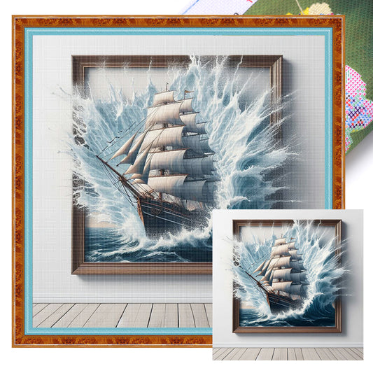 Photo Frame & Sailboat - Full 11CT Stamped Cross Stitch 40x40CM - Huacan