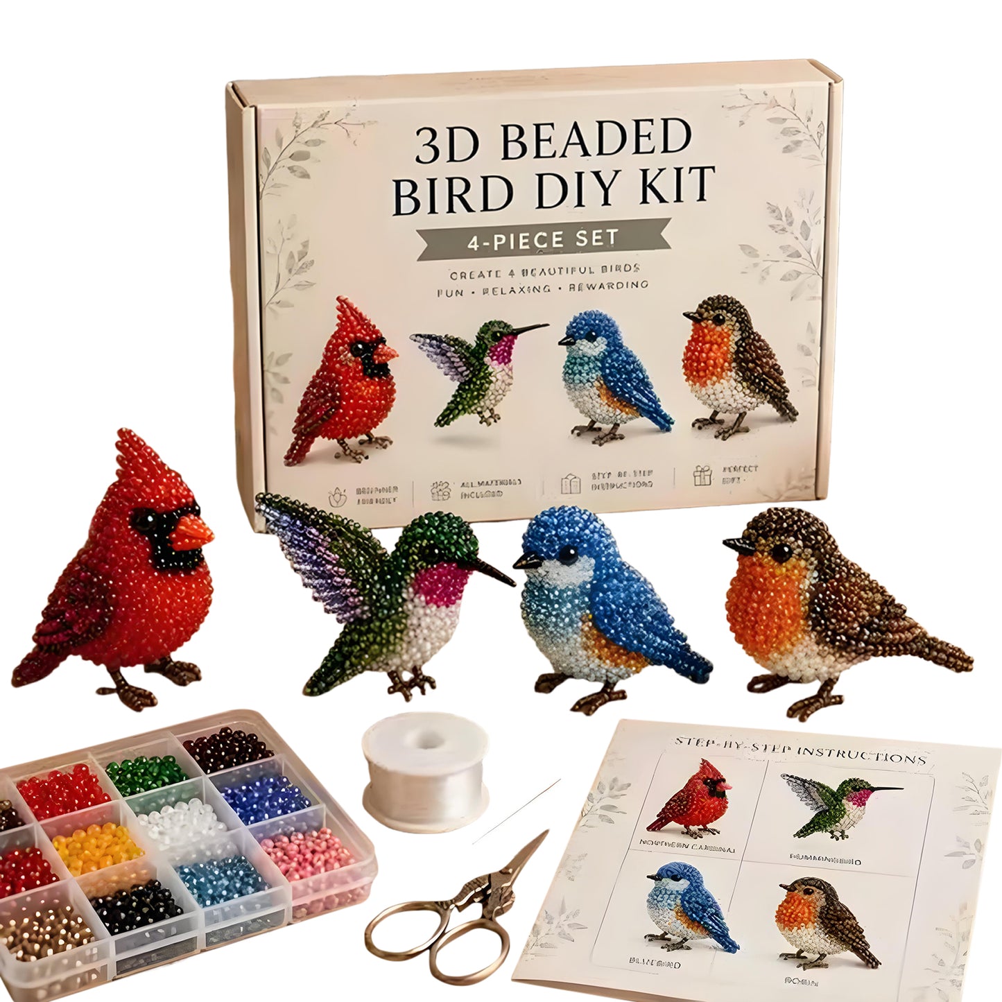 Backyard Birds DIY 3D Animals Bead Embroidery Kits Complete Accessories Cute Bead Craft Animal Set for Crafting Enthusiasts Girls Women Teens Adults