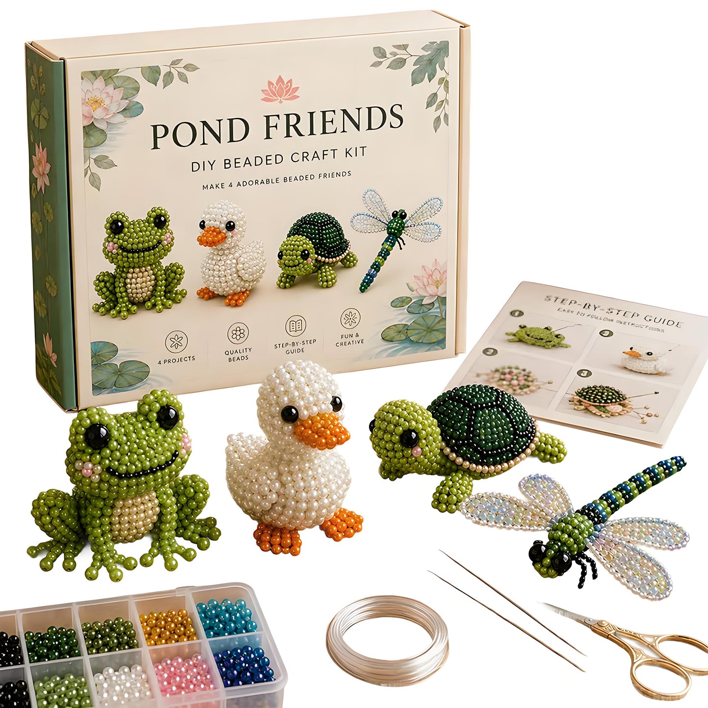 Pond Friends DIY 3D Animals Bead Embroidery Kits Complete Accessories Cute Bead Craft Animal Set for Crafting Enthusiasts Girls Women Teens Adults