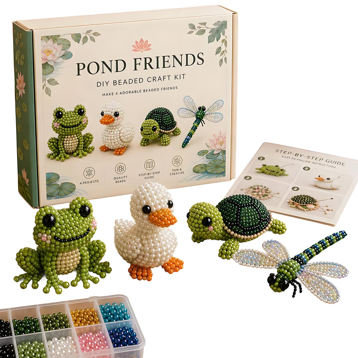 Pond Friends DIY 3D Animals Bead Embroidery Kits Complete Accessories Cute Bead Craft Animal Set for Crafting Enthusiasts Girls Women Teens Adults
