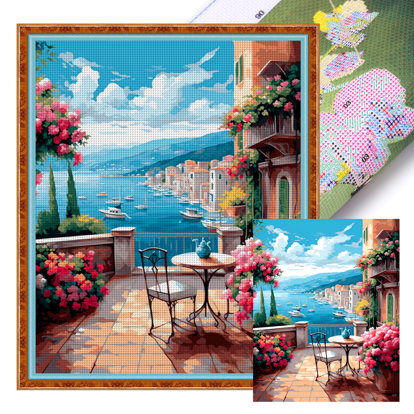 Terrace With Lakeside Blooms - Full 11CT Stamped Cross Stitch 40x50CM - Huacan