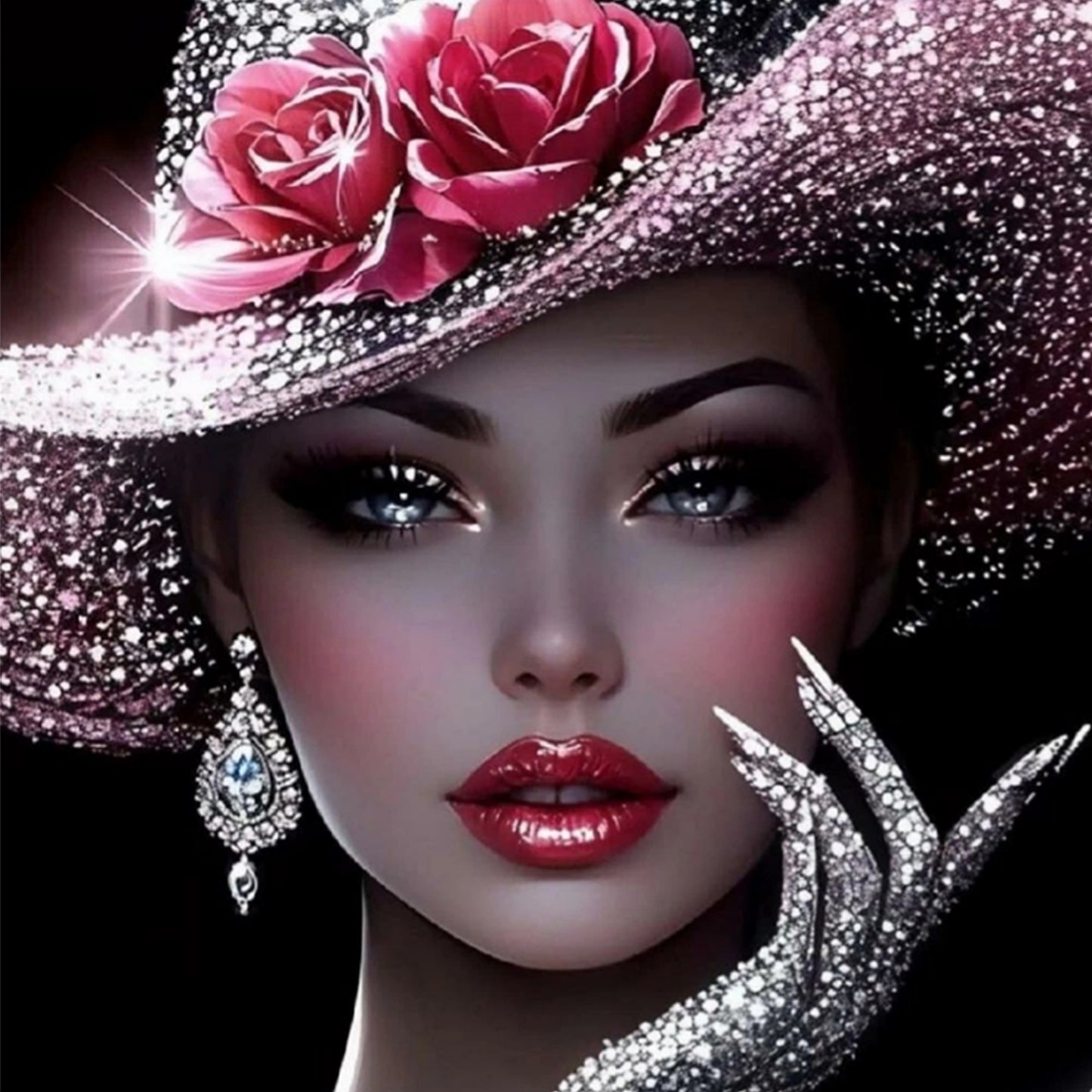 Elegant Lady - Pink Diamond Rose Lady - Full 11CT Stamped Cross Stitch 45x45CM - Huacan