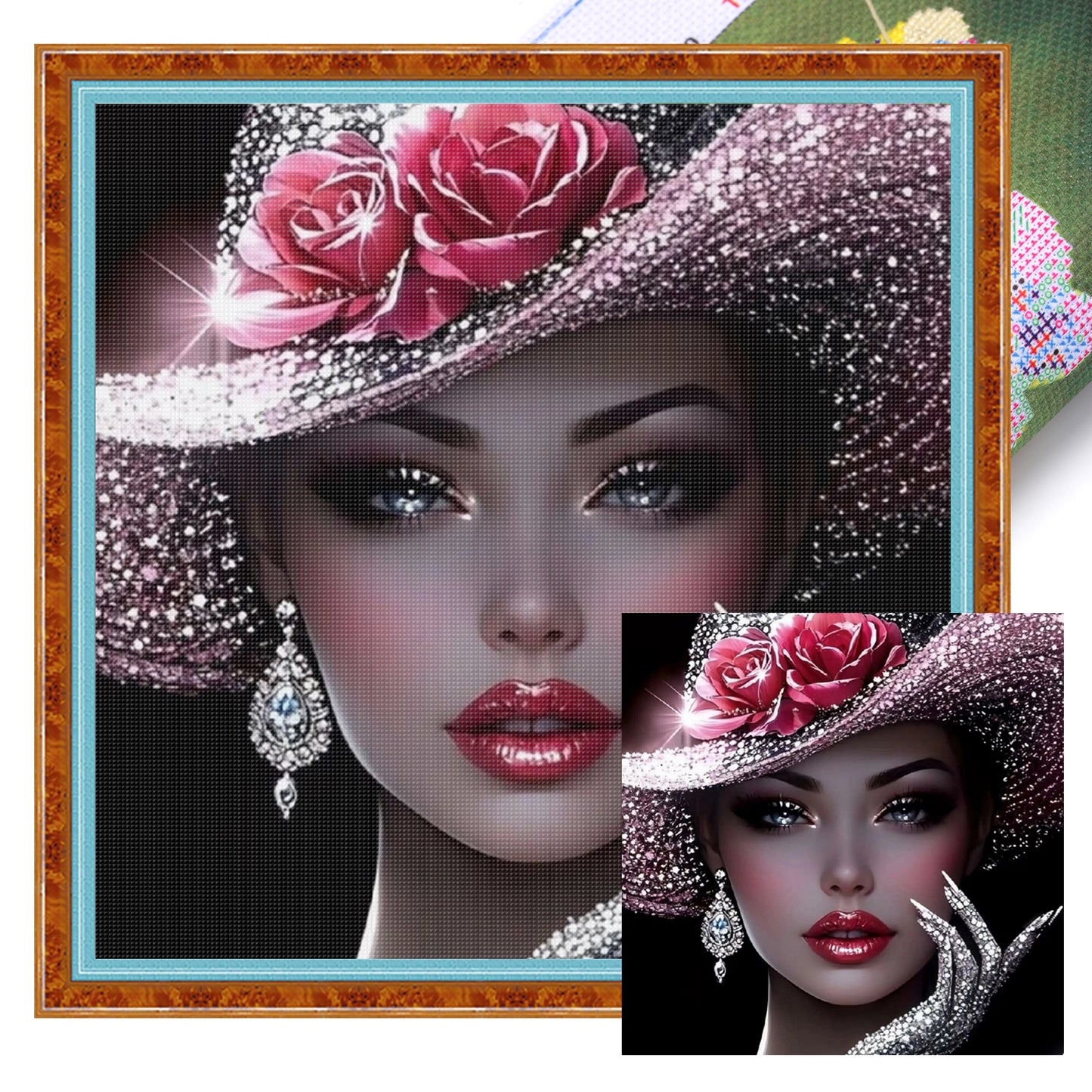 Elegant Lady - Pink Diamond Rose Lady - Full 11CT Stamped Cross Stitch 45x45CM - Huacan
