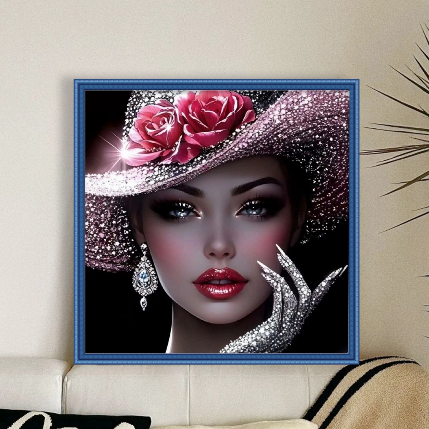 Elegant Lady - Pink Diamond Rose Lady - Full 11CT Stamped Cross Stitch 45x45CM - Huacan