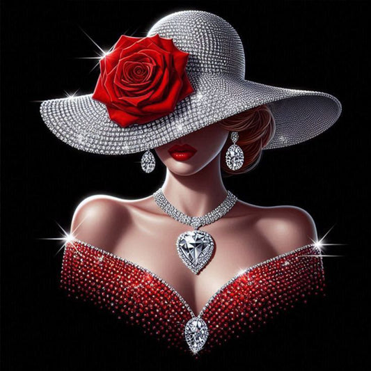 Elegant Lady - Silver Hat With Ruby Beauty - Full 11CT Stamped Cross Stitch 45x45CM - Huacan