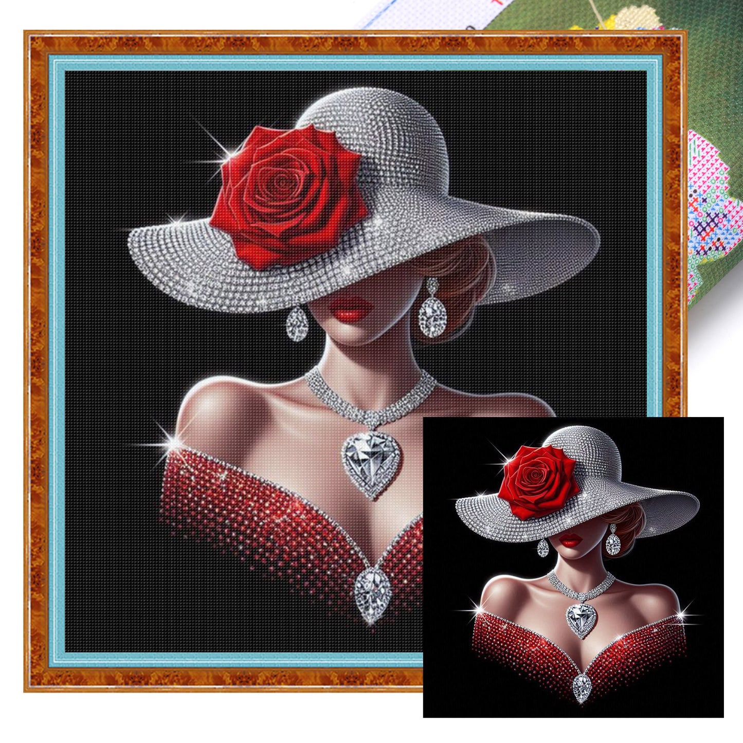 Elegant Lady - Silver Hat With Ruby Beauty - Full 11CT Stamped Cross Stitch 45x45CM - Huacan