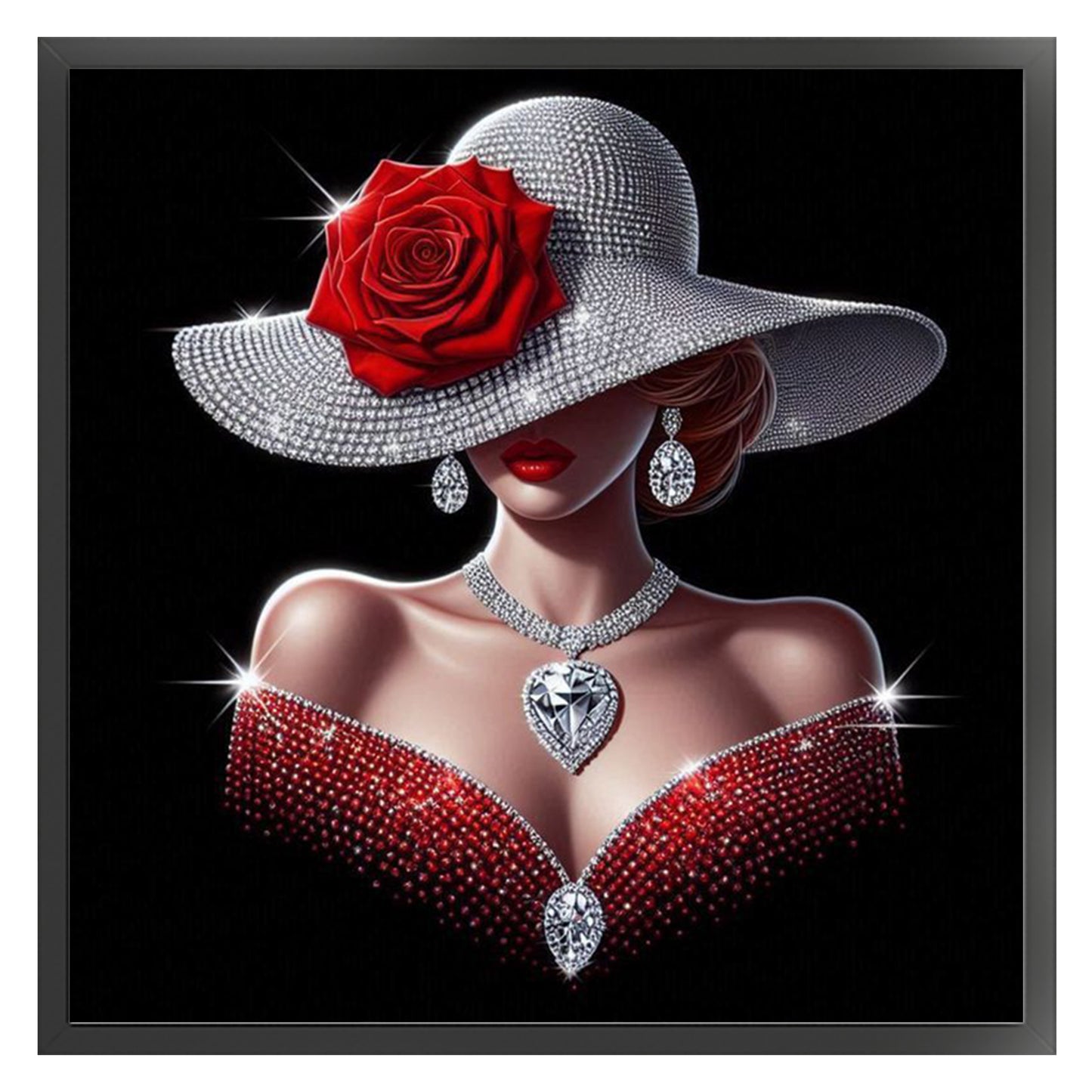 Elegant Lady - Silver Hat With Ruby Beauty - Full 11CT Stamped Cross Stitch 45x45CM - Huacan