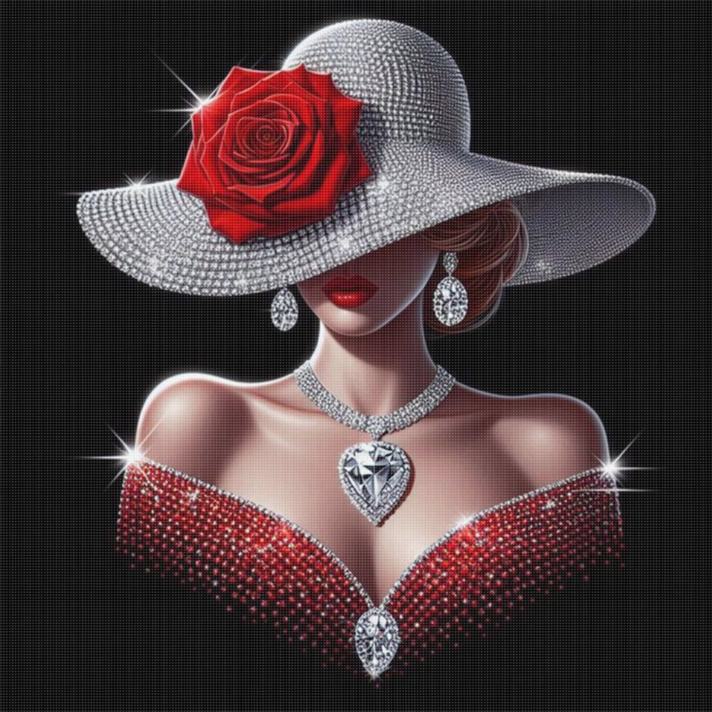 Elegant Lady - Silver Hat With Ruby Beauty - Full 11CT Stamped Cross Stitch 45x45CM - Huacan