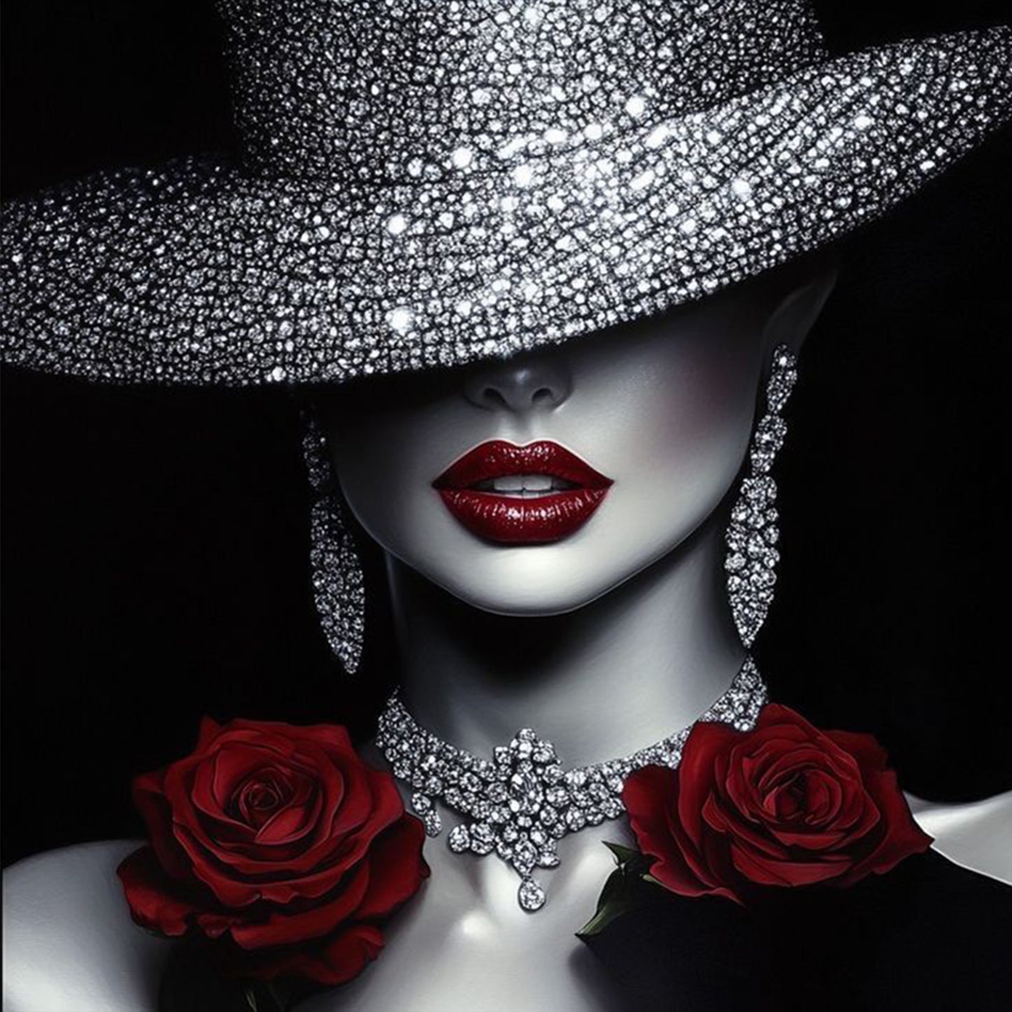Elegant Lady - Dark Lips & Rose - Full 11CT Stamped Cross Stitch 45x45CM - Huacan