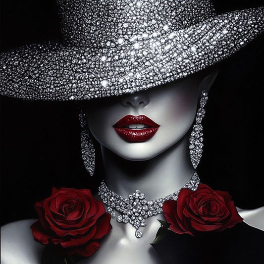 Elegant Lady - Dark Lips & Rose - Full 11CT Stamped Cross Stitch 45x45CM - Huacan