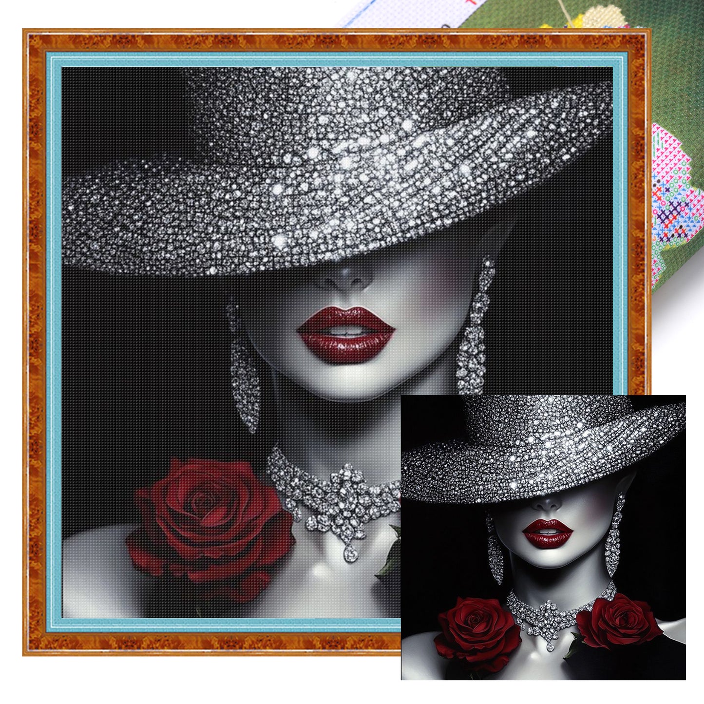 Elegant Lady - Dark Lips & Rose - Full 11CT Stamped Cross Stitch 45x45CM - Huacan