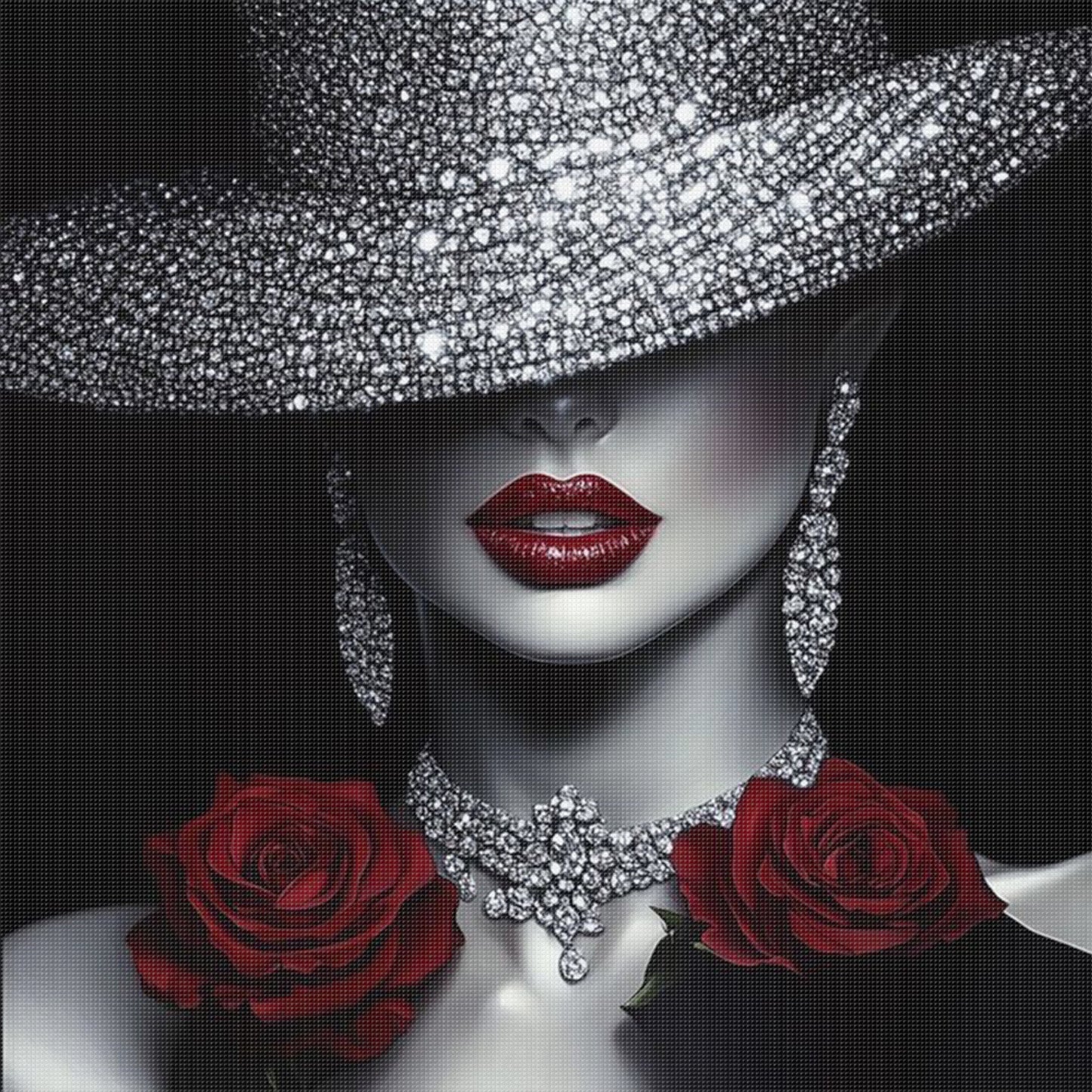 Elegant Lady - Dark Lips & Rose - Full 11CT Stamped Cross Stitch 45x45CM - Huacan