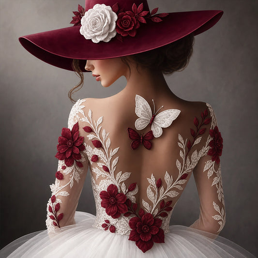 Elegant Lady - Wine Red Lace & Butterfly - Full 11CT Stamped Cross Stitch 45x45CM - Huacan