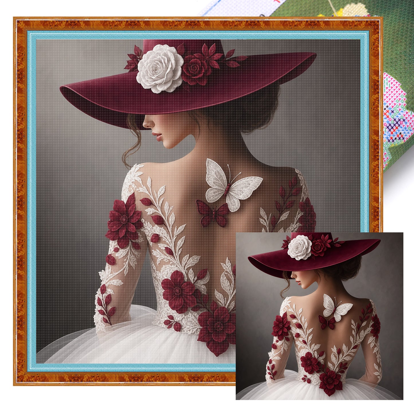 Elegant Lady - Wine Red Lace & Butterfly - Full 11CT Stamped Cross Stitch 45x45CM - Huacan
