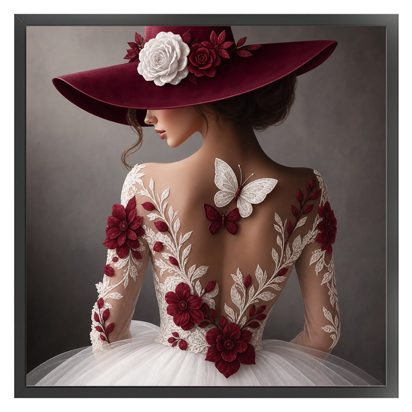 Elegant Lady - Wine Red Lace & Butterfly - Full 11CT Stamped Cross Stitch 45x45CM - Huacan