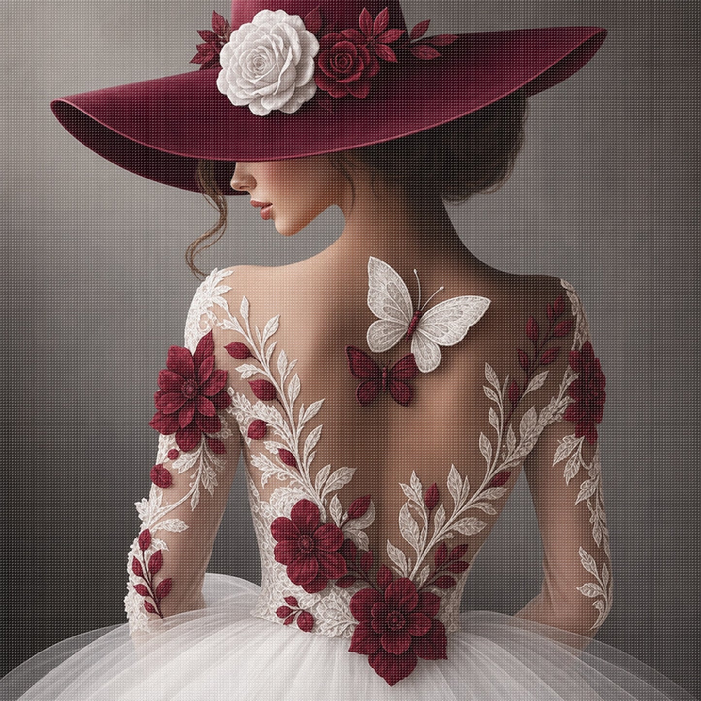 Elegant Lady - Wine Red Lace & Butterfly - Full 11CT Stamped Cross Stitch 45x45CM - Huacan