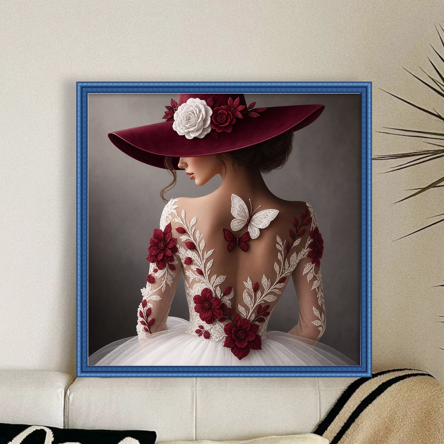 Elegant Lady - Wine Red Lace & Butterfly - Full 11CT Stamped Cross Stitch 45x45CM - Huacan