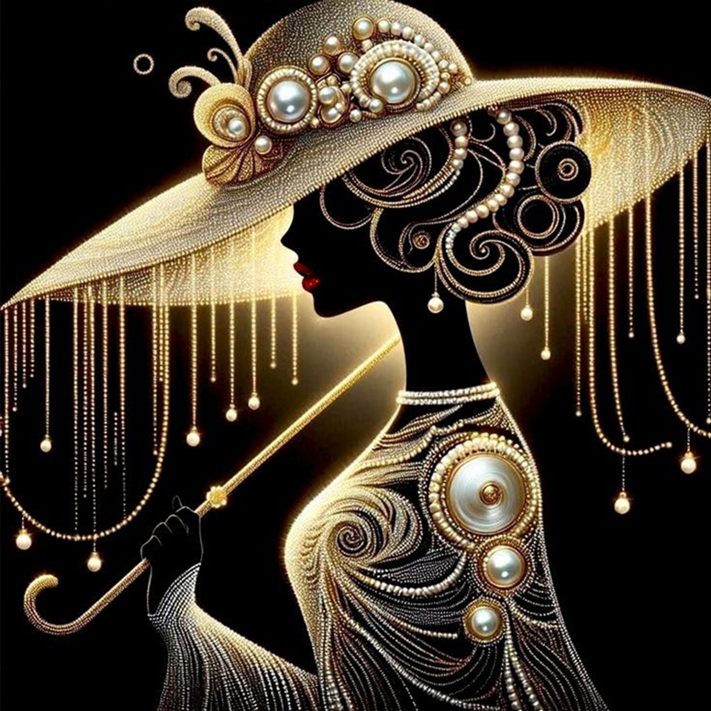 Elegant Lady - Black Gold Pearl Silhouette - Full 11CT Stamped Cross Stitch 45x45CM - Huacan